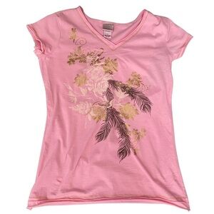 NWT Target Xhilaration Pink Roll Hem V-neck Foil Floral T-Shirt Girl’s XL